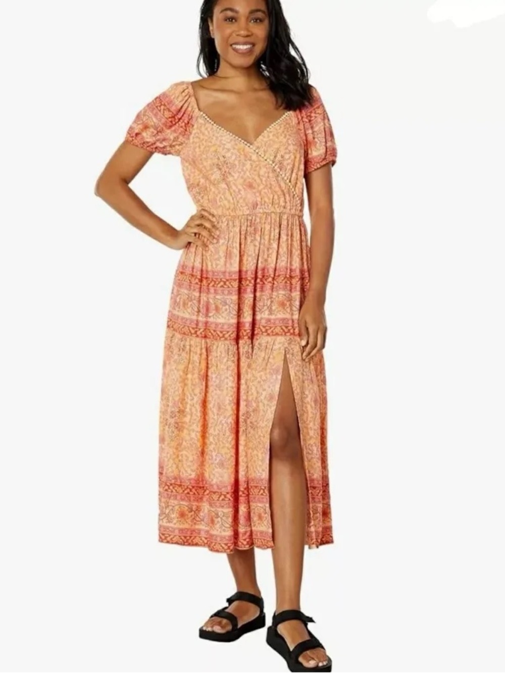 Lucky Brand Pink and Orange Floral Tiered Midi Dress